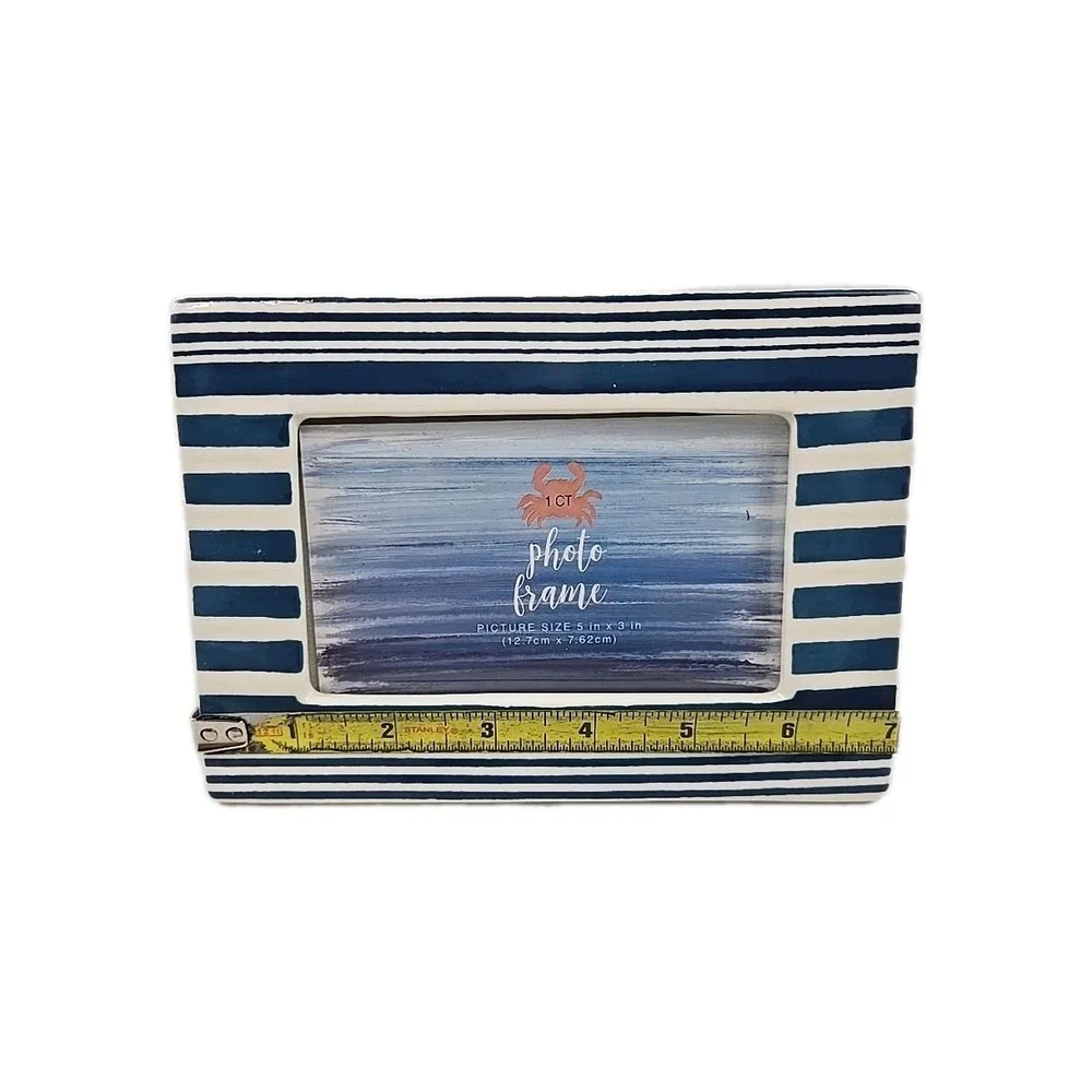 Coastal Blue & White Striped Ceramic Photo Frame for 5x3
